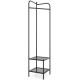 Black corner coat rack featuring a top hanger and two mesh shelves, ideal for entryways and living rooms.