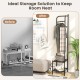 Corner coat rack in black with top hanger and 2 mesh shelves, ideal for entryways and living rooms, showcasing neat.