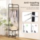 Corner coat rack in black with top hanger and two mesh shelves, featuring anti-toppling design for safety and stability.