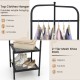 Corner coat rack in black with top hanger and 2-tier mesh shelves, perfect for entryway or living room storage.