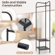 Corner coat rack in black with top hanger and two mesh shelves, featuring anti-slip foot pads for stability and safety.