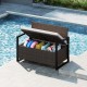 Patio storage bench in mix brown and off white, featuring a spacious 40-gal storage compartment, ideal for poolside use.