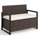 Patio storage bench in mix brown and off-white with ergonomic backrest and 40-gallon storage for outdoor use.