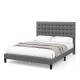 Queen size upholstered platform bed with tufted gray headboard, solid wooden slats, and under-bed storage for modern.
