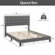 Queen size upholstered platform bed with tufted headboard, solid wooden slats, and modern design for bedroom storage.
