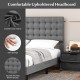 Queen size upholstered platform bed featuring a tufted linen headboard with square stitching for added comfort and.