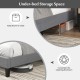 Queen size upholstered platform bed showcasing under-bed storage space for organization and easy cleaning.