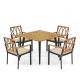 Square outdoor dining table with four acacia wood chairs and cushions, featuring a 1.9-inch umbrella hole for patio use.