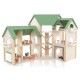 Wooden corner dollhouse playset with 6 rooms, 36 pieces, and green roofs, perfect for creative play for kids 3+.