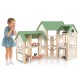 Wooden corner dollhouse playset showcasing a child joyfully engaging with 6 rooms, 36 pieces, and safe design elements.