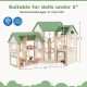 Wooden corner dollhouse playset with 6 rooms, 36 pieces, and green roofs, perfect for dolls under 5" for imaginative.