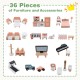 Wooden dollhouse playset with 36 furniture pieces, featuring a unique corner design for creative play and safety.