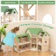 Wooden corner dollhouse playset with green roofs, 6 rooms, and 36 pieces for kids' imaginative play and creativity.