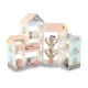 Wooden corner dollhouse playset with 41 accessories, featuring 3 stories, 6 rooms, and a patio for imaginative play.