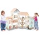 Wooden corner dollhouse playset with 41 accessories, featuring 3 stories, garage, and patio for imaginative play.