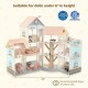 Wooden corner dollhouse playset with 6 rooms, 41 accessories, and a patio for imaginative play, suitable for kids 3+.