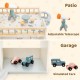 Patio view of the wooden dollhouse playset featuring an adjustable telescope and colorful seating for imaginative play.