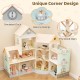 Wooden corner dollhouse playset with 41 accessories, featuring three stories, balcony railings, and pine wood stairs.