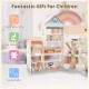 Wooden corner dollhouse playset with 41 accessories, featuring 3 stories, patio, and garage for imaginative play.