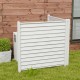 White vinyl picket fence panel with slatted surface and metal ground stakes, ideal for gardens and patios.