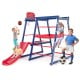 Colorful 7-in-1 metal toddler climbing toy featuring a slide, climbing net, and basketball hoop for active play.