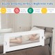 Foldable bed rail in white with a child sleeping, featuring soft padding and T-shaped legs for stability and safety.