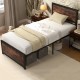Twin size metal bed frame with high headboard and industrial boards, featuring under-bed clearance for easy cleaning.