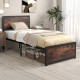 Twin size metal bed frame with high headboard, industrial design, and under-bed clearance for easy cleaning.