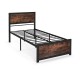 Twin size metal bed frame with high headboard and industrial boards, featuring mute bars for noise reduction and.