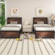 Twin size metal bed frames with high headboards and industrial boards, designed for comfort and easy cleanup.