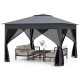 Pop-up gazebo with gray canopy and mesh netting, featuring a sturdy frame, ideal for outdoor events and gatherings.