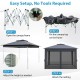 Pop-up gazebo with gray canopy and mesh netting, featuring a user-friendly setup and adjustable height for outdoor.