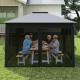 Gray 11 x 11 ft pop-up gazebo with mesh netting, providing sun protection for outdoor dining and gatherings.