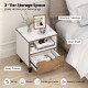 Nightstand with deep drawer and open shelf, featuring a white and wood design for bedroom storage and organization.