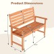 2-person wooden garden bench dimensions with slatted backrest and armrests, ideal for patio or backyard use.