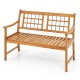 Acacia wood patio bench with slatted seat, curved armrests, and elegant natural finish, perfect for outdoor relaxation.
