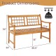 Patio acacia wood bench dimensions showing slatted seat, curved armrests, and 800 lbs load capacity for outdoor use.