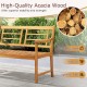 Patio acacia wood bench featuring curved armrests, slatted seat, and natural finish, perfect for backyard or garden use.