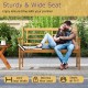 Patio acacia wood bench with curved armrests, slatted seat, and backrest, seats 2, ideal for backyard or garden use.