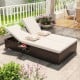 Patio double chaise lounge in beige with adjustable backrests, soft cushions, and folding side trays for outdoor.