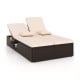 Patio double chaise lounge with beige cushions, adjustable backrests, and folding side trays for poolside relaxation.