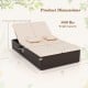 Patio double chaise lounge with beige cushions, adjustable backrests, and folding side trays for backyard relaxation.