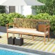 Outdoor 3-seat wood bench with white cushion, made of acacia wood, perfect for garden or backyard relaxation.