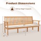 Outdoor 3-seat wood bench with white cushion, made of acacia wood, dimensions 64"x24"x31", ideal for garden or porch.