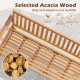 Close-up of the slatted seat of the outdoor 3-seat wood bench made of acacia wood, ideal for garden or backyard use.