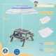 Kids picnic table set with gray finish, removable bins, and adjustable umbrella for versatile outdoor play.