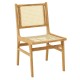 Rattan dining chair with natural cane backrest and teak wood frame, featuring a comfortable tilted backrest for support.