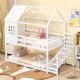 Twin house bed with stairs and roof in white, featuring a solid wood frame and high guardrails for kids' safety.