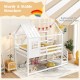 Twin house bed for kids in white with stairs and pitched roof, featuring 14 plywood slats for stability and safety.
