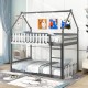 Twin over twin bunk bed in gray with house shape design, fence accents, and integrated ladder for kids' rooms.